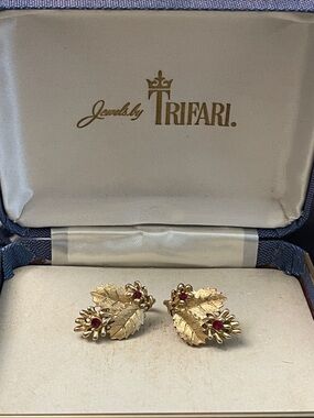 Trifari Gold-Tone Leaf Earrings with Red Accents